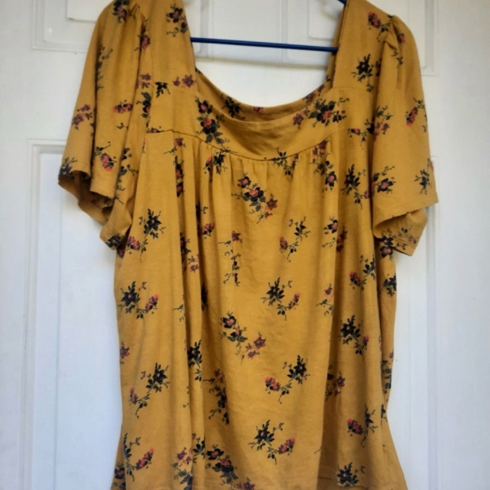 Lucky Brand Mustard yellow Floral Square-Neck Women’s peasant Top blouse tee XL - Picture 2 of 8